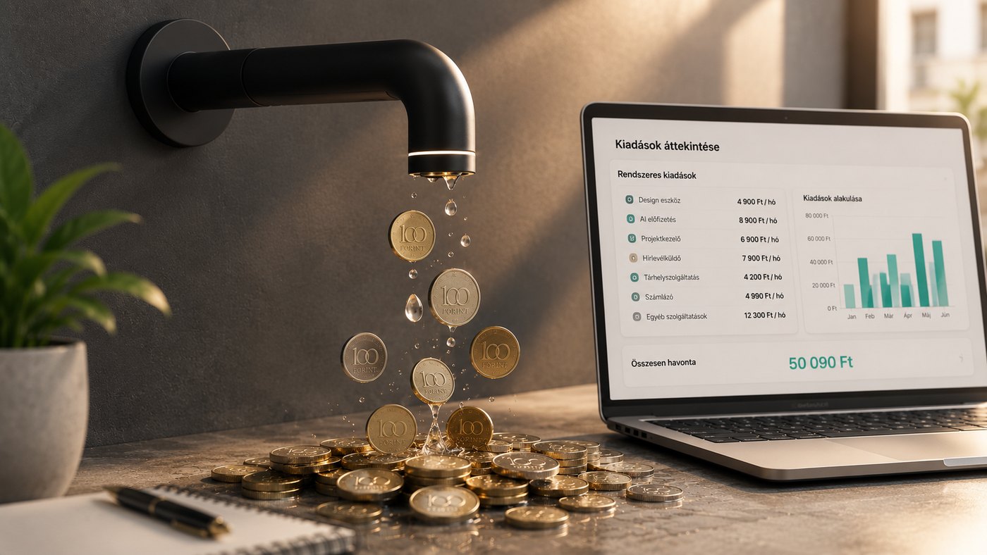 Fekete fali csapból forintérmék csepegnek egy asztalra, ahol már egy nagyobb kupac gyűlt össze. Mellette laptopon a havi ismétlődő előfizetések listája látszik.